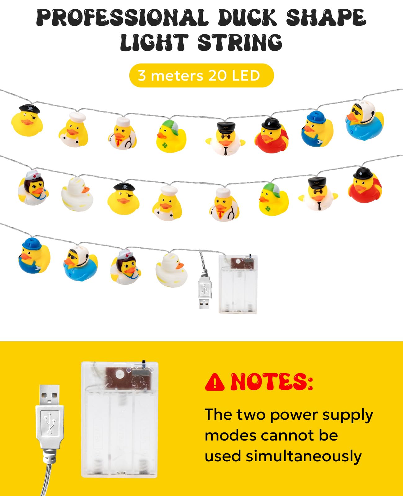 AceList 20 LED Duck String Lights - Battery Operated, 9.8ft Long, Yellow Duckling Decor for Kids Bedrooms and Play Areas