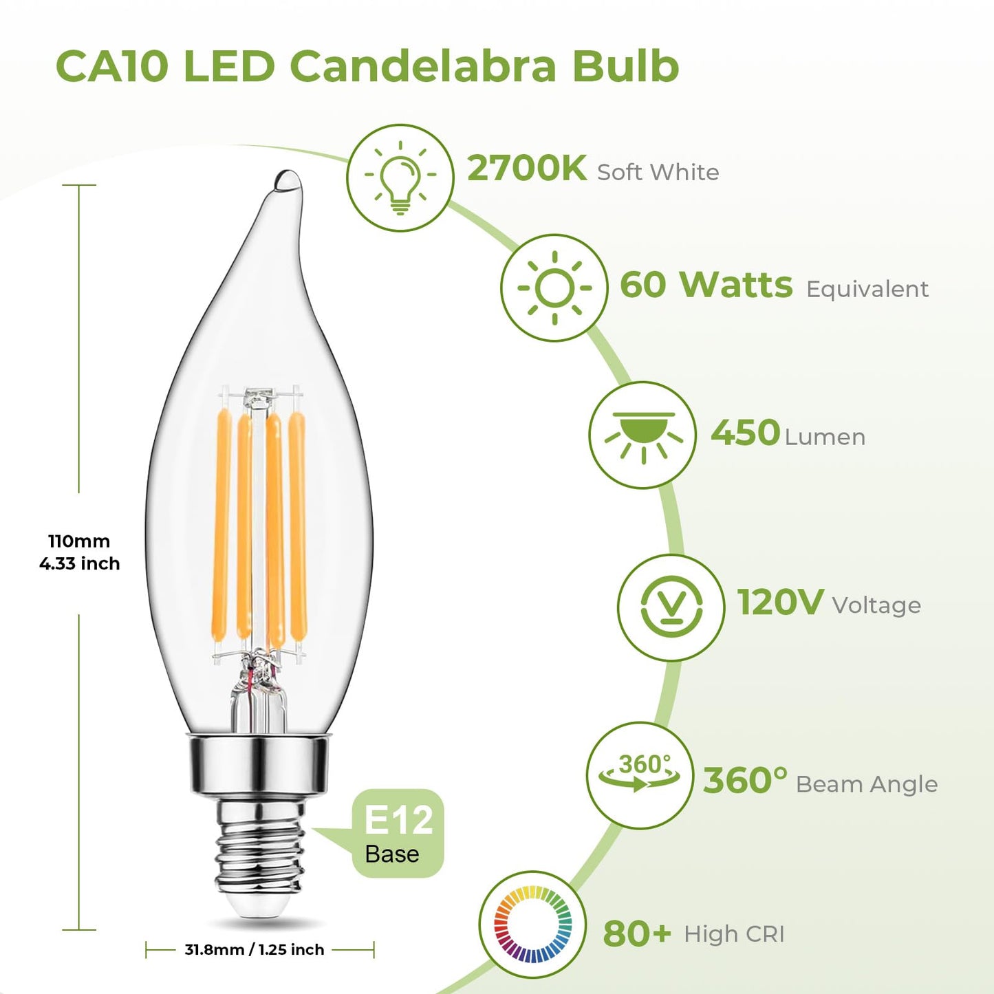 Sigalux E12 Candelabra Bulb 60 watt Equivalent, Dimmable LED E12 Bulb 2700K Warm White, CA10 Candle Light Bulbs for Chandelier, 450LM, 5W, 12 Pack