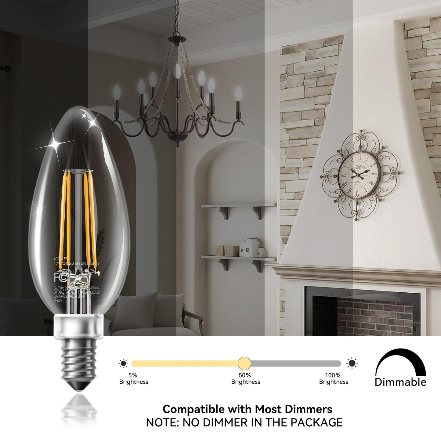TJOY LED Candelabra Bulbs Dimmable, 60W Equivalent Chandelier Light Bulb, E12 Small Base, 4.5W 2700K Soft Warm White, B11 Vintage Filament Clear Glass Candle Light for Ceiling Fan Chandeliers, 12Pack
