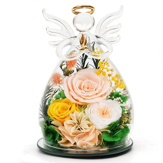 Kemiputi Womens Day for Mom Women, Preserved Rose in Glass Angel Figurines, Real Fresh Flowers Delivery Birthday Anniversary Grandma Wife Her from Daughter