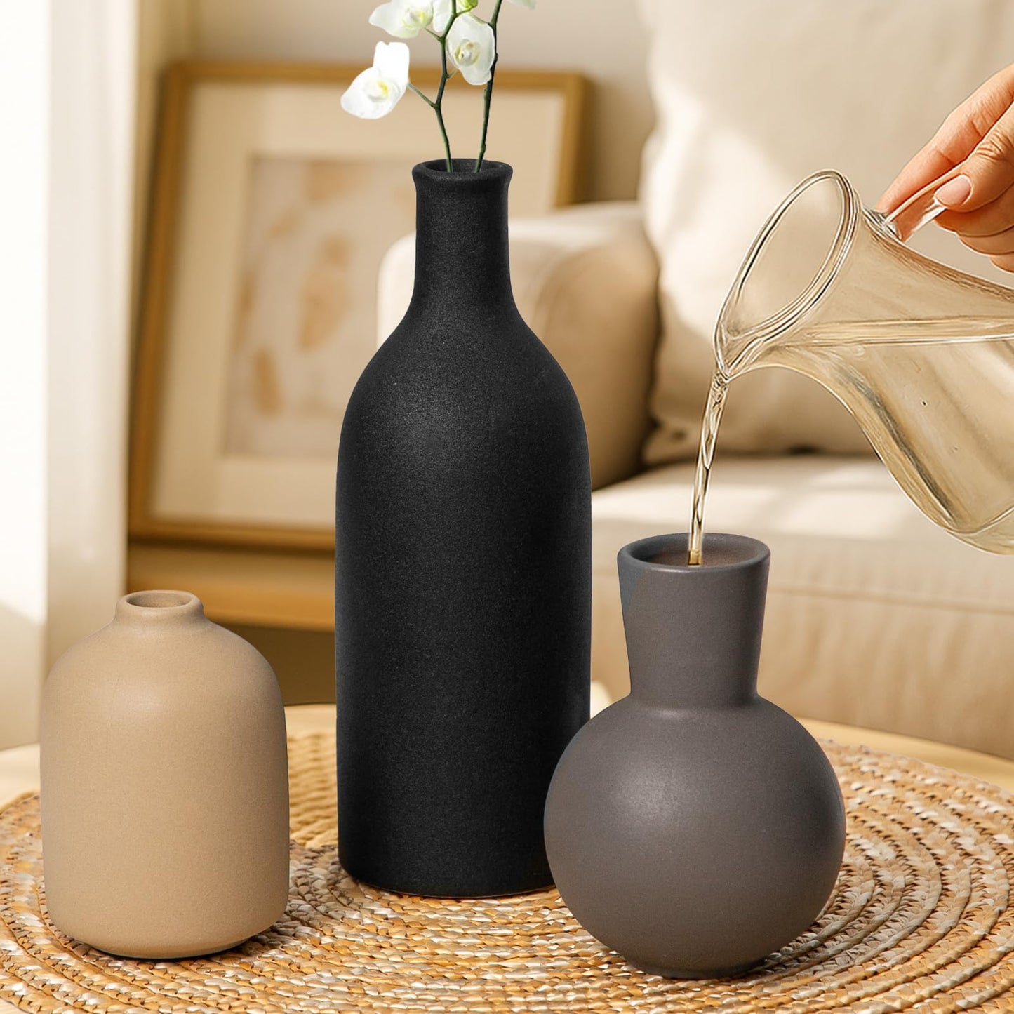 Ceramic Vase, Flower Vases Set of 3 Living Room Decor, Farmhouse Decor, Decorative Vase for Home Coffee Table, Book Shelf, Kitchen, Bedroom Centerpiece Table Decorations