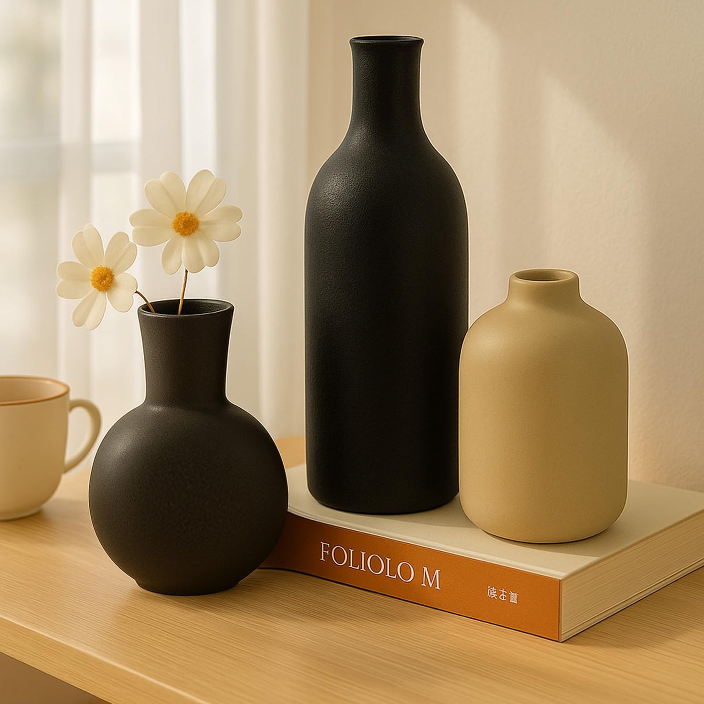 Ceramic Vase, Flower Vases Set of 3 Living Room Decor, Farmhouse Decor, Decorative Vase for Home Coffee Table, Book Shelf, Kitchen, Bedroom Centerpiece Table Decorations