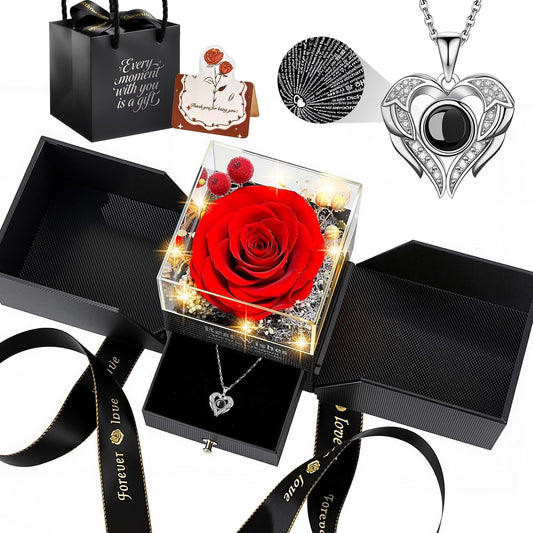 TranquilBliss Preserved Real Red Rose Gift Box with Heart Necklace, Romantic Gifts for Wife, Mom, Girlfriend, Women, I Love You Eternal Flowers Rose Gift Set for Mother's Day, Anniversary