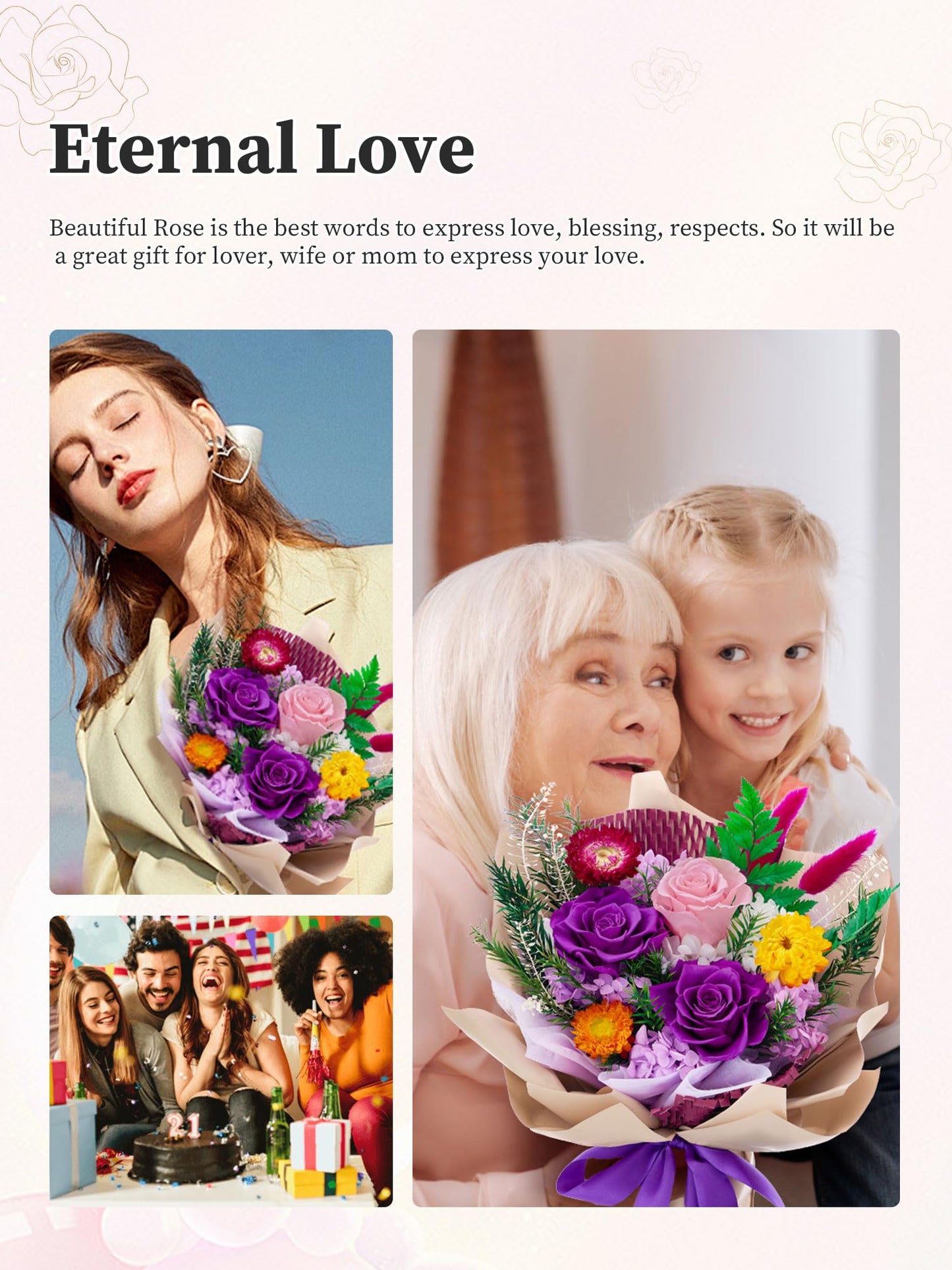 Flomoon Forever Flowers Gifts for Mom, Mothers Day Preserved Flowers Bouquet Birthday Gifts for Her, Preserved Roses for Grandma Wife Anniversary Valentines Day Christmas (Purple Paper)