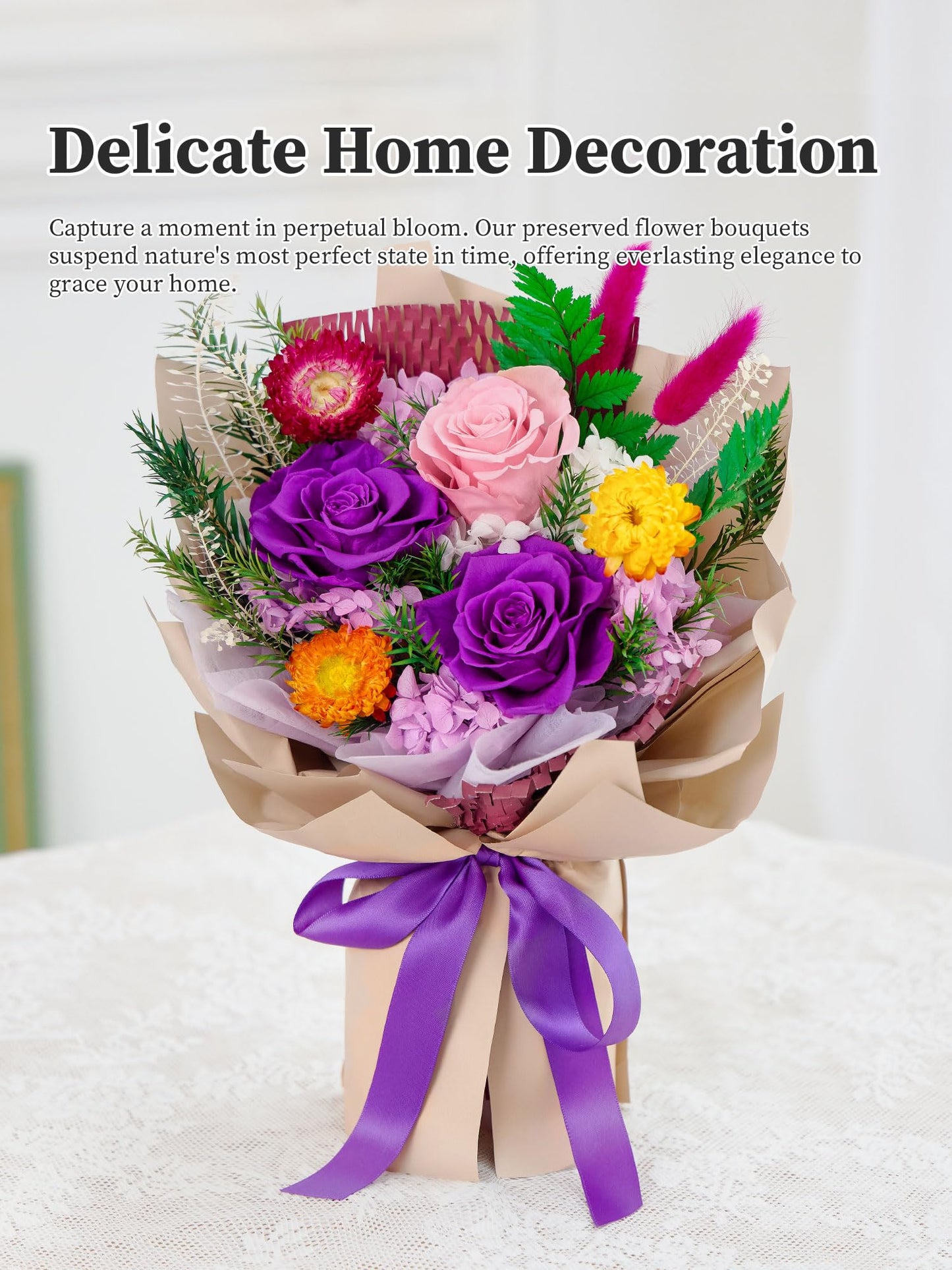Flomoon Forever Flowers Gifts for Mom, Mothers Day Preserved Flowers Bouquet Birthday Gifts for Her, Preserved Roses for Grandma Wife Anniversary Valentines Day Christmas (Purple Paper)