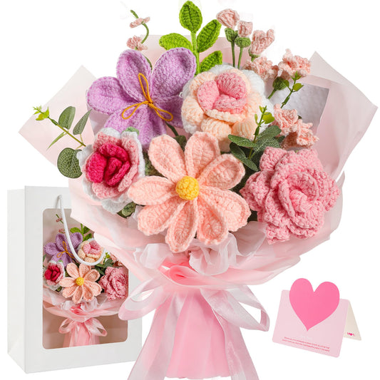 OR8ZIY Crochet Flower Bouquet Pink- Handmade Knitted Flowers，Forever Roses & Galsang, for Mother’s Day, Teacher,Birthday, Graduation, for Women,Wife (Card Included)