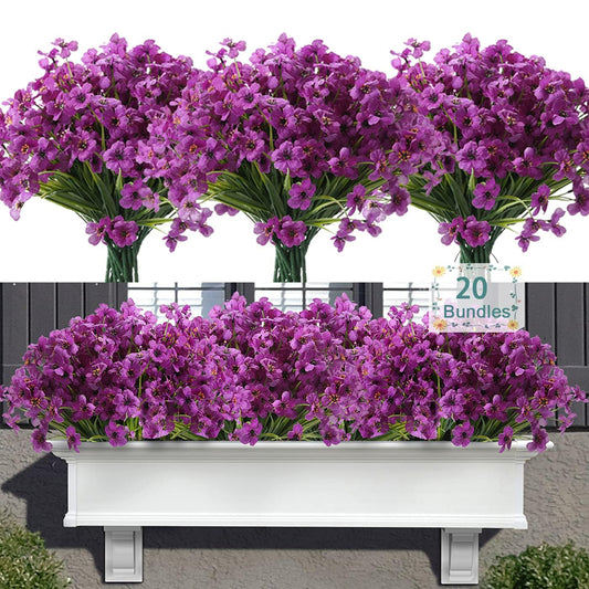 Satefello 20 Bundles Artificial Flowers for Outdoors, UV Resistant Fake Realistic Flowers with Plastic Plants Spring Decor, Faux Silk Flowers for Outside Window Box Front Porch Planter Decor-Purple