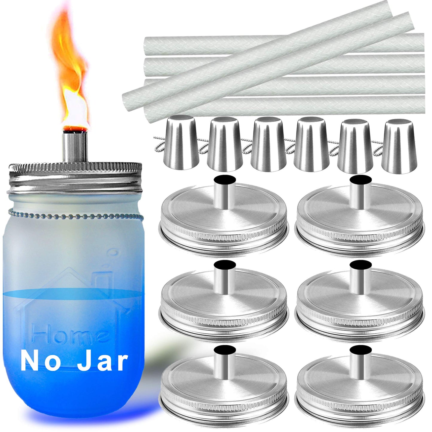 Aikeve Mason Jar Tabletop Torch Kits, 6 Pack with Fiberglass Wicks, Silver