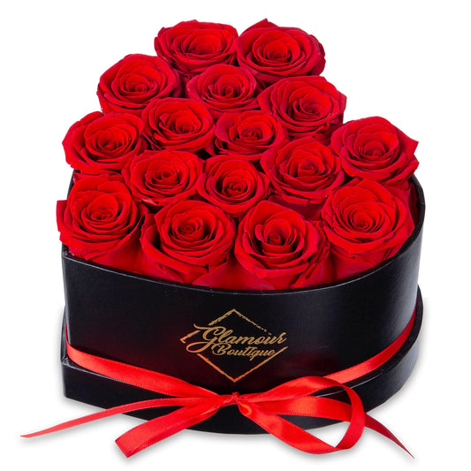 GLAMOUR BOUTIQUE 16 Flower Forever Heart Shape Box, Eternal Preserved Roses Gift for Her, Lasting Flowers, Romantic Floral Keepsake for Birthday, Anniversary or Valentine’s Day, Red (Color-Treated)