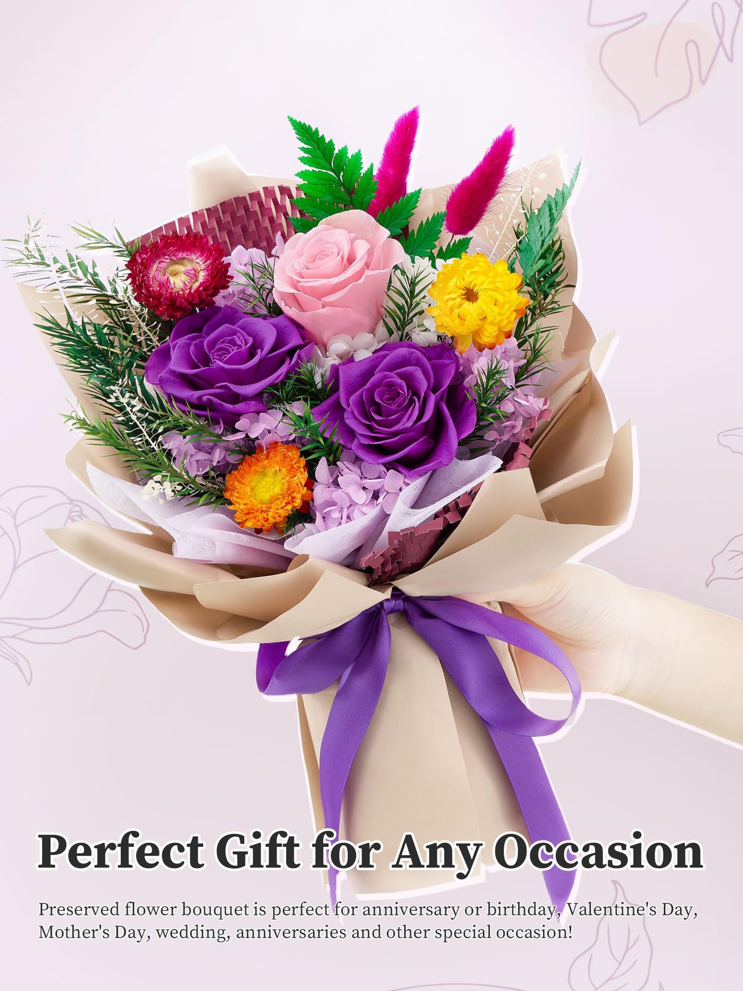 Flomoon Forever Flowers Gifts for Mom, Mothers Day Preserved Flowers Bouquet Birthday Gifts for Her, Preserved Roses for Grandma Wife Anniversary Valentines Day Christmas (Purple Paper)